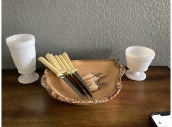 Knife Set, Milk Glass, Cob Holders And Wooden Bowl