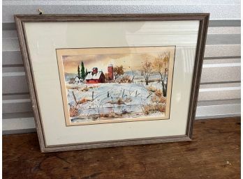 Hand Painted Watercolor Barn Scene Signed