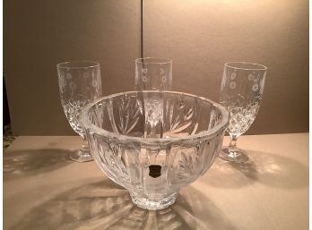 Hand Cut Crystal Punch Bowl And Glasses