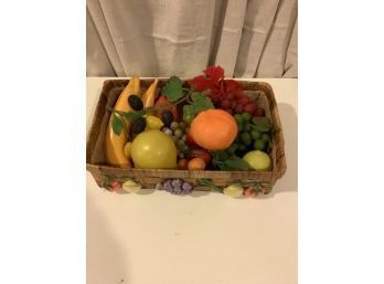 Vintage Raffia Fruit Basket With Plastic Fruit