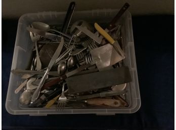 Tub Of Assorted And Vintage Silverware And Serveware Knives Etc