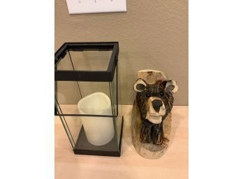 Candle Holder And Wood Carved Bear