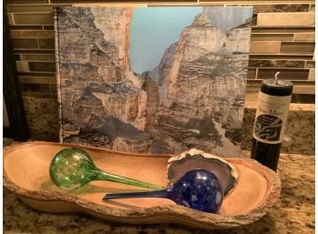 Blown Glass Plant Feeders, Agate, Picture Book, Carved Wood Bowl And Candle