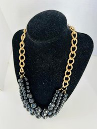 Vintage 3 Strand Gold Tone Chain And Black Beaded Necklace