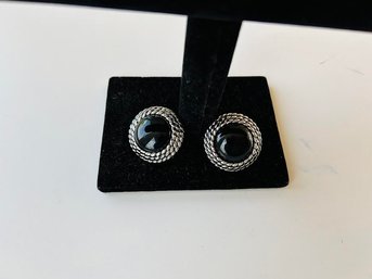 Vintage Couture Black And Silver Rope Earrings Plastic Faux Black Stone