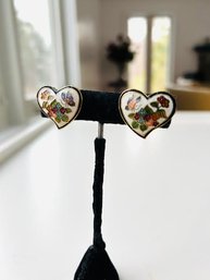 Vintage  Enamel Cloisonn   Floral & Butterfly Heart Shape Pierced  Earrings