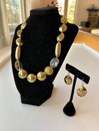 Modern Gold Tone Beaded Necklace And Earring Set