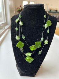 Green Glass Beaded  3 Strand Bohemian Bouquet Necklace