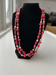 Coral/Pink And Gold Color Long Double Strand Bohemian Necklace