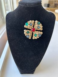 Vintage Signed 'SA' SAMSAN Multicolor And Small Faux Pearls  Pin Brooch