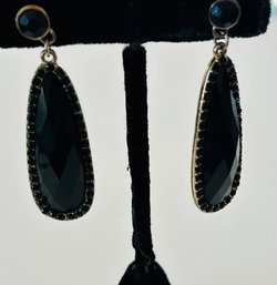 Modern Deep Black Glass Settings In Ovid Tear-Drop Settings As Earrings