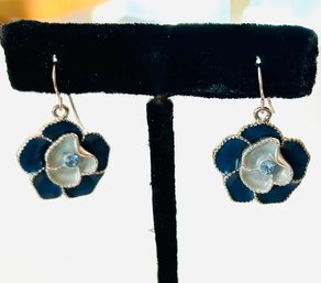 Modern Gray/Blue Enamel With Blue Glass Floral And Silver Toned Earrings