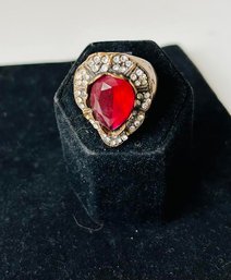 Elegant Victorian Style Bronze Faux Ruby And Clear Rhinestone Ring