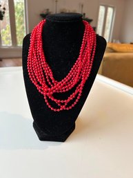 Vintage Red Plastic Beaded  Multi Strand Long Necklace