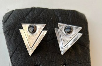 Vintage Marked Sterling Art Deco Triangle And Onyx Stone Post Earrings