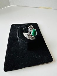 Elegant Silver Tone Faux Marcasite Green Stone Faux Ring
