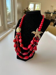 Glamour Talbots Starfish Seashell Necklace Red & Gold 3 Strand