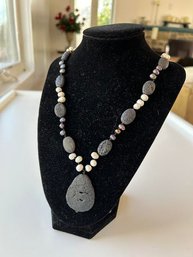 Handmade Lava Stone And Pearl Necklace