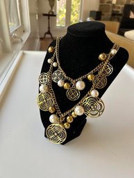 Couture Gold Tone Large Faux Pearl Gold Beads And Large Charm Necklace