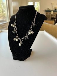 Boho Silver Tone Chain Faux Fray Pearl Black Beads And Silver Filigree Beads Necklace