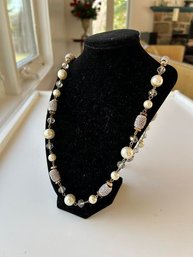 Elegant Faux Pearl And Rhinestone Barrel Bead Long Necklace