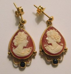 Pair Of 18 KT Gold Cameo Earrings Pierced
