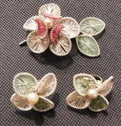 Handmade In Germany Flower Pin And Clip Earrings With Tag