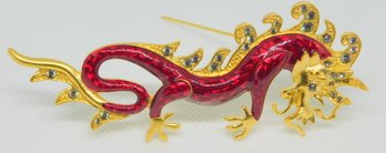 Bob Mackie 3.5' Gold Tone Rhinestone Accent Red Enamel Chinese Dragon Pin Brooch