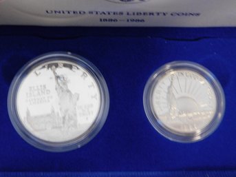 1986 Proof Statue Of Liberty 2 Coin Silver Dollar And Clad Half US Mint Set