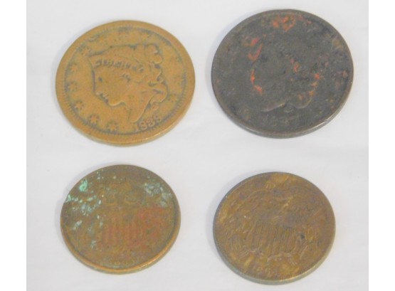 Mixed Lot US Large Cents 1827 & 1839 Plus 2 Cent Pieces 1865 &  1864