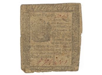 1776 Philadelphia, Pennsylvania 9p. Nine Pence Colonial Currency Note