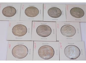 10 Franklin Silver Half Dollars Various Years