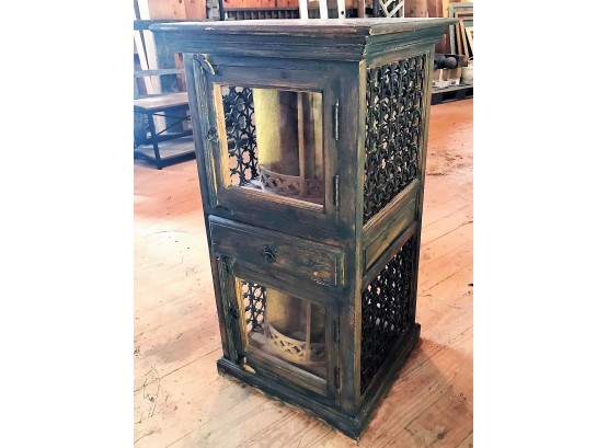 Heavy Duty Vintage Walnut Wine Bottle Holder Display Case With Spinning Storage And Drawer - 22x22x42 In.