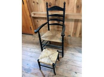 Vintage Woven And Wooden Chair With Foot Stool - 23 X 23 X 43 In - Black And Tan
