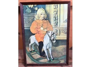 Vintage Boy On Rocking Horse Print On Canvas In Wooden Frame - 21 X 29 In.