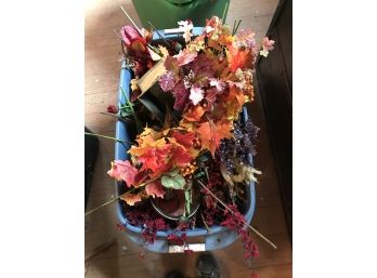 Variety Of Fall Decorations In Blue Bin