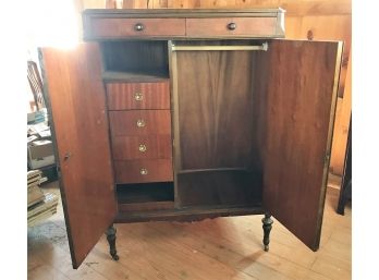 Antique Cherry Wood Wardrobe / Armoire / Cupboard  Chifforobe With Drawers On Wheels - 40 X 22 X 57 In.