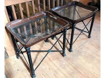 Vintage Heavy Duty Glass And Metal End / Coffee Tables - Set Of Two - Each Is 26.5 X 22.5 X 25 In