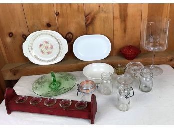 Glass Vase, Glass Containers, Bowl, Glass And Wood Candle Holders, Glass And Plastic Trays