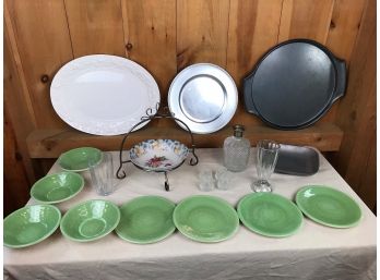 Crystal Liquor Set, Glass And Metal Trays, Glasses, Fruit Bowl With Carrier, Green Plastic Plates/bowls