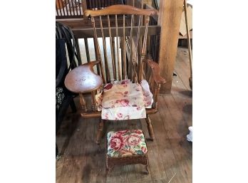 Vintage Arm Chair With Removable Pillow Seating And Woven Foot Stool - 32 X 21 X 46 In
