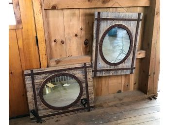 Vintage Farm Style Barn Wood And Metal Mirrors - Set Of Two - Each Is 28 X 34.5 In