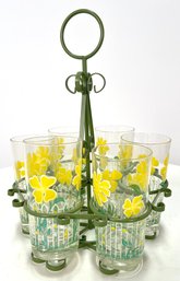 Vintage Culver Ltd Cocktail Floral Barware Glasses In Stand Holder Set 6