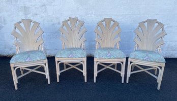 Vintage 1980s Set Of 4 Fan Back Rattan Dining Chairs