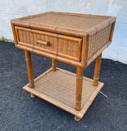 Vintage Faux Bamboo & Rattan Nightstand End Table