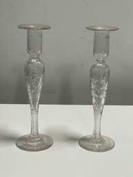 Antique Pair Etched Glass Candlesticks