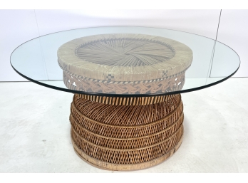 BOHO Vintage 1960s Round Wicker Rattan Coffee Table With Glass Top