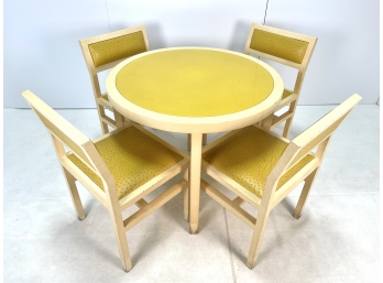 1970s Round Table & 4 Chairs Dining // Games Table Yellow Faux Ostrich Upholstery