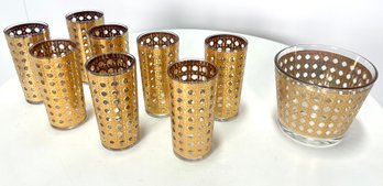 Vintage 1960s Culver ' Canella ' 8 Highball Glasses & Ice Bucket With 22k Overlay