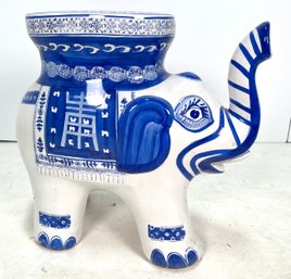 Vintage Blue & White Ceramic Elephant Table Stand Stool